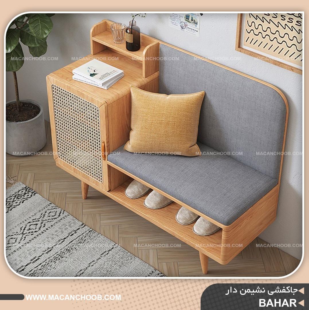 جاکفشی چوبی نچرال مبله شده نیمکت دار با درب حصیر بامبو مدل BAHAR 
